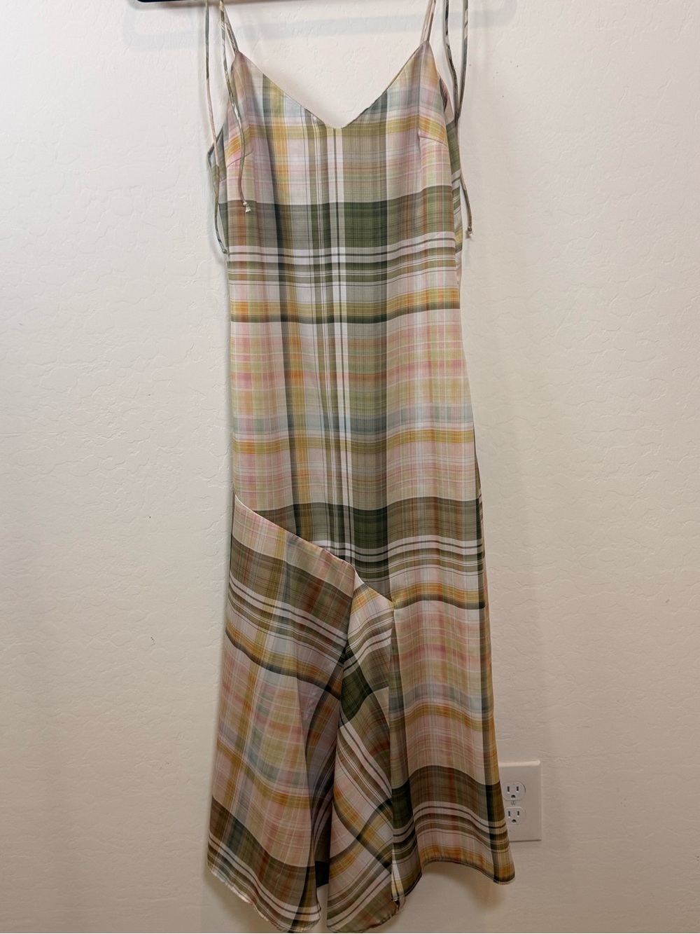 Zara Olive Green and Pastel Pink Plaid Slip Midi Dress